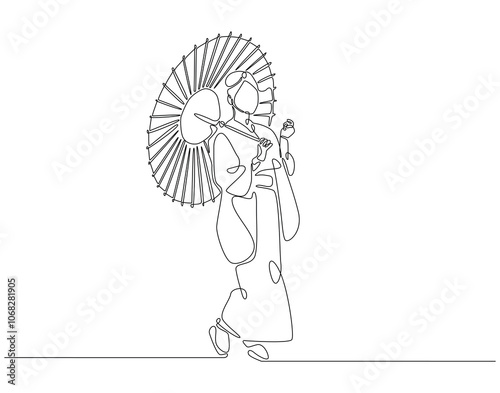 Continuous one line drawing of japanese woman wearing kimono. One line drawing illustration of woman wear kimono holding umbrella. Japanese culture concept single line. Editable outline