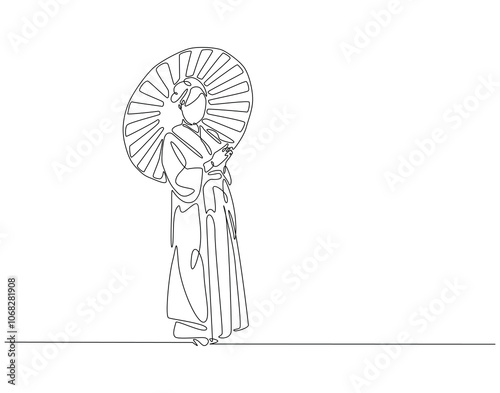 Continuous one line drawing of japanese woman wearing kimono. One line drawing illustration of woman wear kimono holding umbrella. Japanese culture concept single line. Editable outline