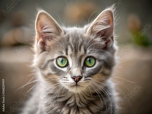 Captivating Gray Kitten Headshot with Mesmerizing Green Eyes, Soft Fur, and Delicate Features Ideal for Pet Lovers and Animal Enthusiasts, Perfect for Blogs and Marketing