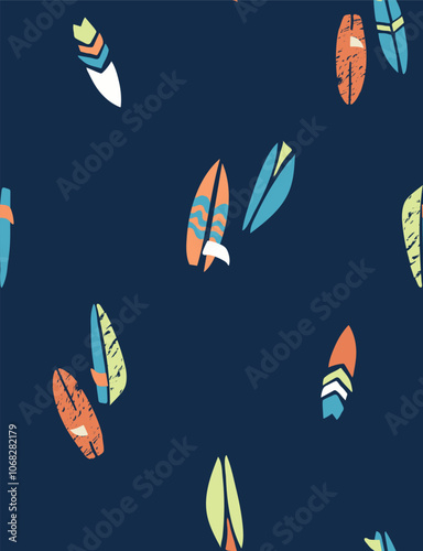 Seamless pattern with surfboards in flat style on blue background