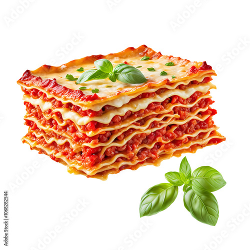 Classic Italian Lasagna with Basil Garnish Isolated on White Background
