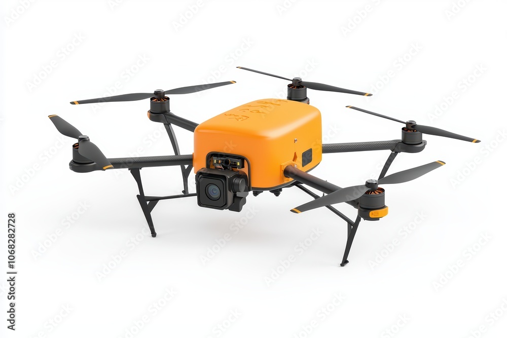 Orange drone with camera, isolated on white background. Orange drone with camera, isolated on white background.
