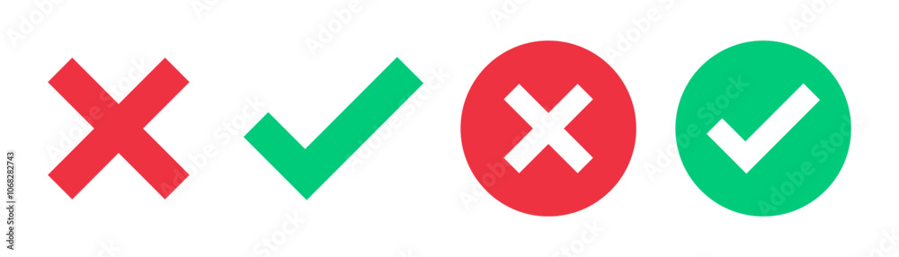 Green check mark, red cross, x mark icon, set of flat rounded right and wrong vector sign concept. circle shape tick mark symbol and x cross icon. two variants vector set of flat isolated check mark Green check mark, red cross, x mark icon, set of flat rounded right and wrong vector sign concept. circle shape tick mark symbol and x cross icon. two variants vector set of flat isolated check mark