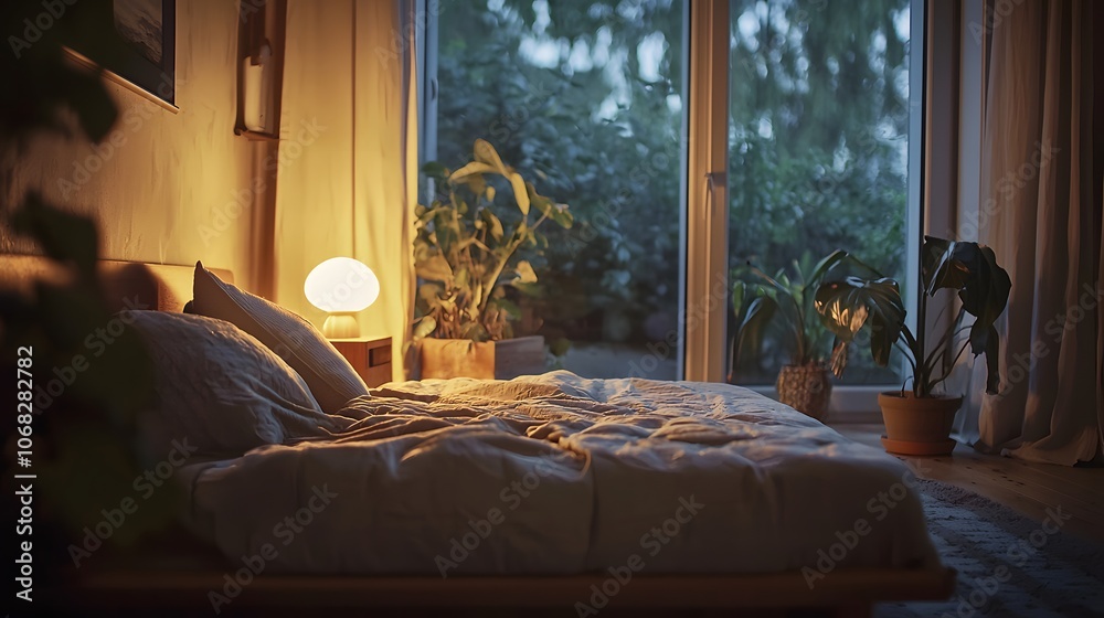 A minimalist bedroom designed with natural wood, featuring a low platform bed, neutral bedding, A minimalist bedroom designed with natural wood, featuring a low platform bed, neutral bedding,