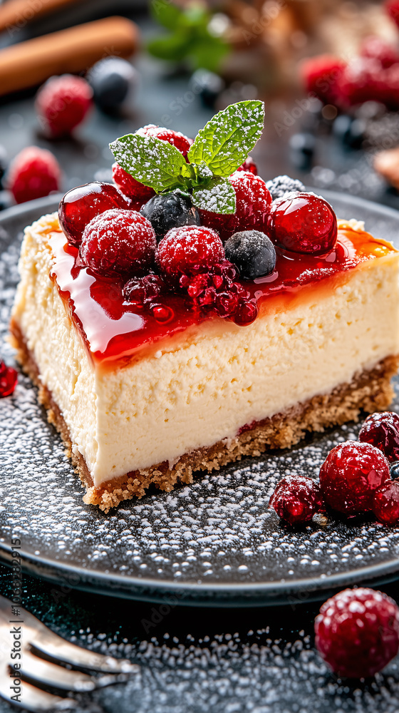 Cheesecake slice with berry fruits topping served on black plate, decorated with icing sugar and mint leaves Cheesecake slice with berry fruits topping served on black plate, decorated with icing sugar and mint leaves