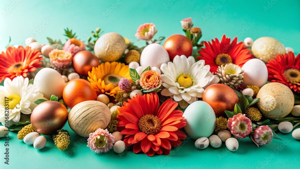 Colorful Easter eggs and spring flowers on a green background.