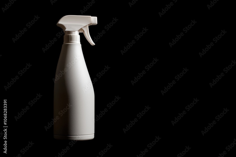 A simple white spray bottle stands against a black background, emphasizing its sleek design and functional purpose for cleaning or dispensing liquids. A simple white spray bottle stands against a black background, emphasizing its sleek design and functional purpose for cleaning or dispensing liquids.