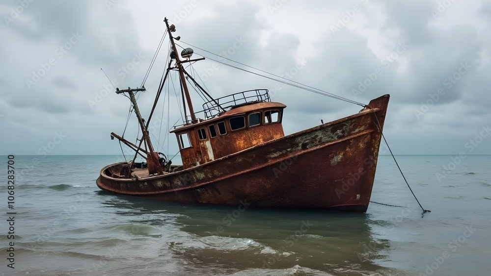 Old ship shipwreck in the ocean weathered and decayed with salt and marine water in the ocean Old ship shipwreck in the ocean weathered and decayed with salt and marine water in the ocean