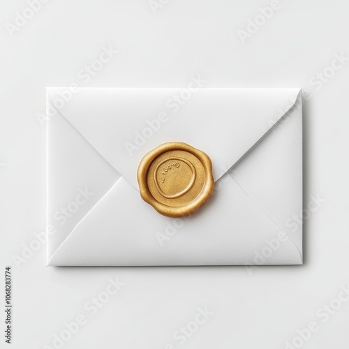 Top view of a white envelope with a golden wax seal isolated on a clean white background photo