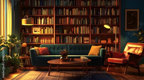 Cozy and Inviting Mid Century Modern Living Room with Plush Sofa and Floor to Ceiling Bookshelf