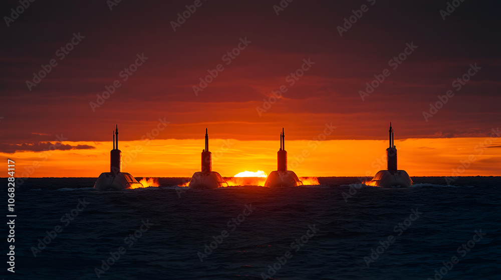 Submarine Silhouettes Against a Stunning Sunset – Naval Vessel, Ocean Horizon, and Serene Maritime Landscape Submarine Silhouettes Against a Stunning Sunset – Naval Vessel, Ocean Horizon, and Serene Maritime Landscape