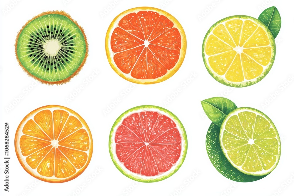 Vibrant fruit slices including kiwi, orange, grapefruit, lemon, and lime on a white background. Vibrant fruit slices including kiwi, orange, grapefruit, lemon, and lime on a white background.