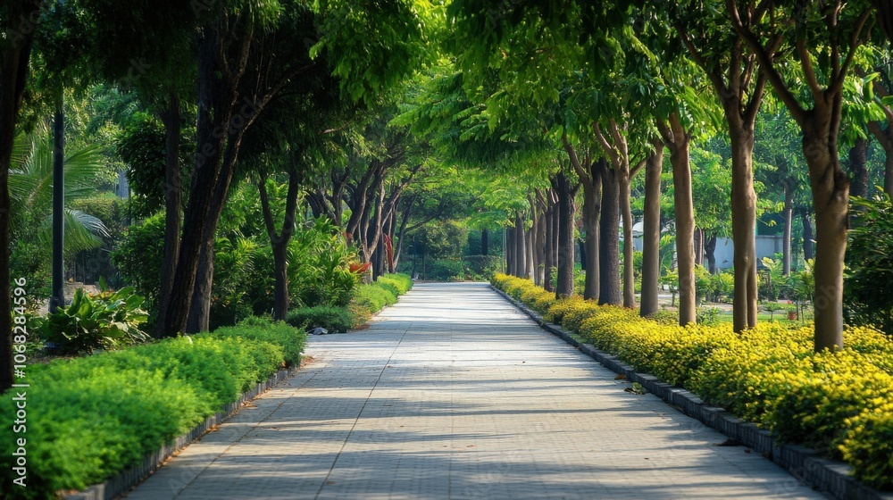 Sidewalk lined with plants trees eco-friendly urban living pedestrian health walkway design Sidewalk lined with plants trees eco-friendly urban living pedestrian health walkway design