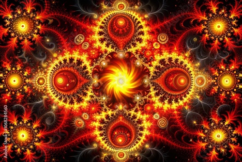 Seamless Red and Yellow Abstract Glowing Fractal Art in Deep Black Space, Capturing the Essence of Cosmic Beauty with Intricate Patterns and Radiant Colors Blending Harmoniously