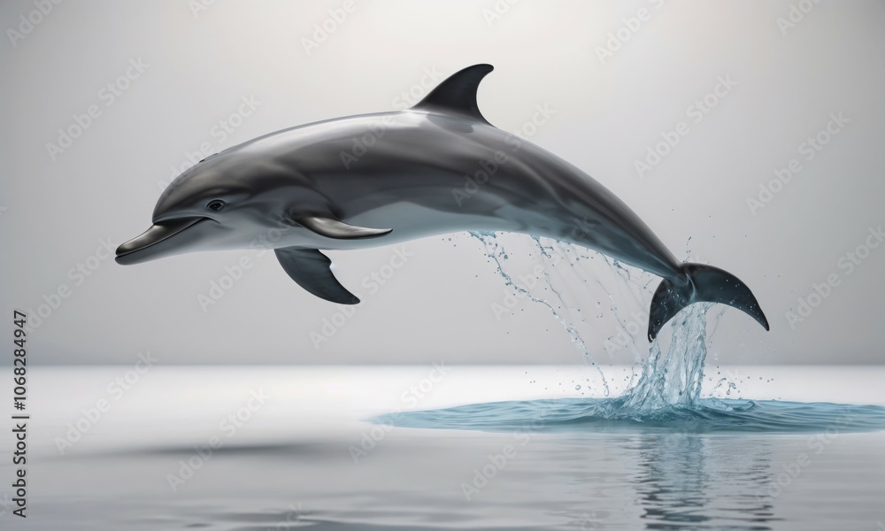 A sleek dolphin gracefully leaps out of the water, droplets splashing around, embodying freedom, playfulness, and the beauty of marine life in a serene, minimalistic setting A sleek dolphin gracefully leaps out of the water, droplets splashing around, embodying freedom, playfulness, and the beauty of marine life in a serene, minimalistic setting