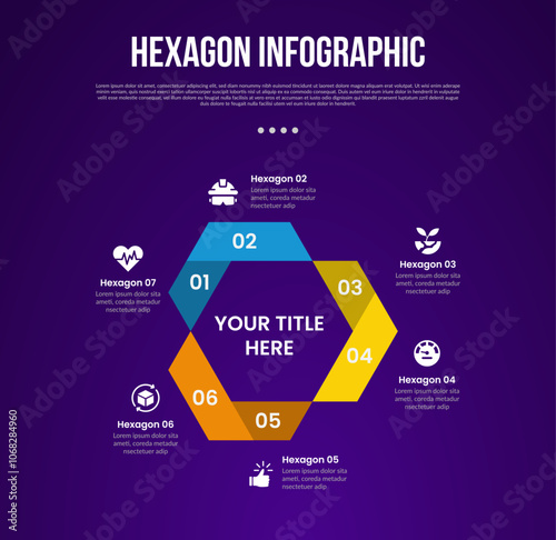 hexagon or hexagonal six sided polygon template infographic with creative flipped ribbon with sharp edge with 6 point with dark style for slide presentation