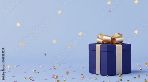 A beautifully wrapped gift box with a shiny ribbon and golden stars