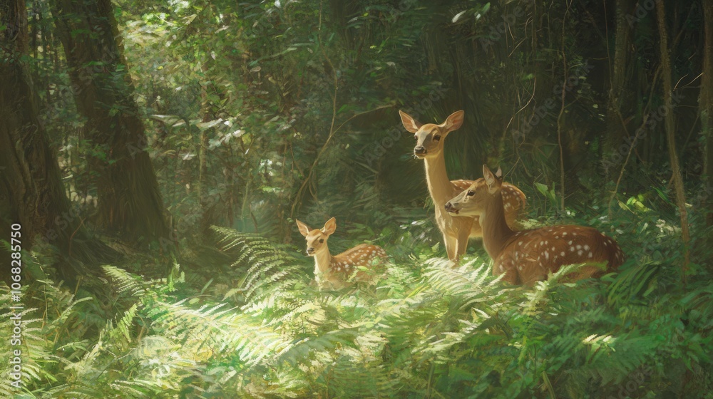 Serene Forest Haven: Family of Deer in Perfect Harmony with Nature Serene Forest Haven: Family of Deer in Perfect Harmony with Nature