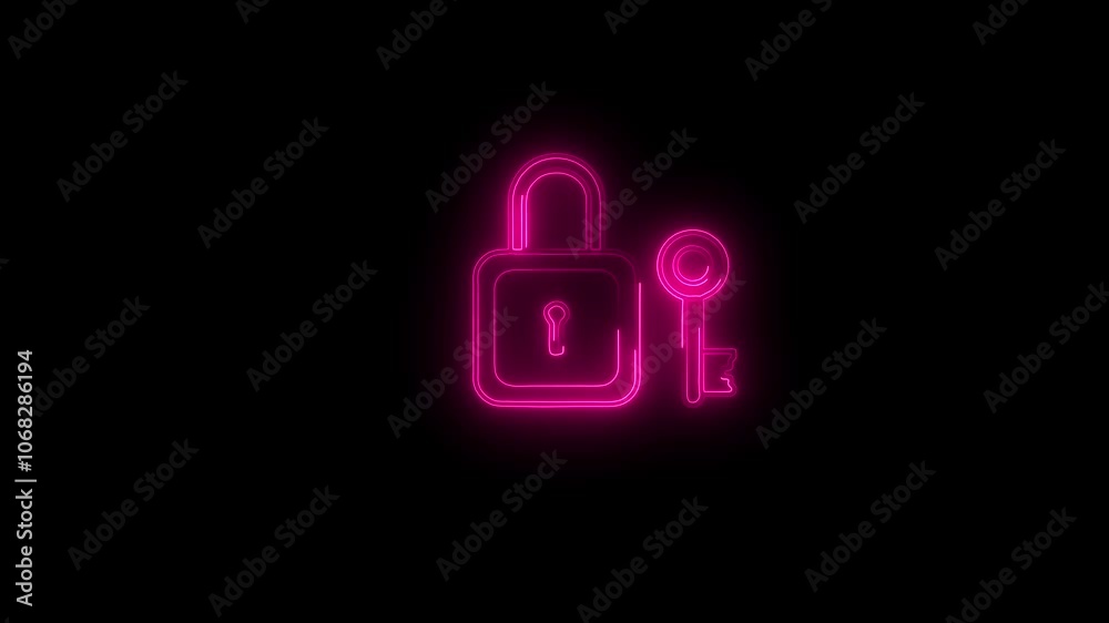 Neon Icon of Padlock and Key for Security