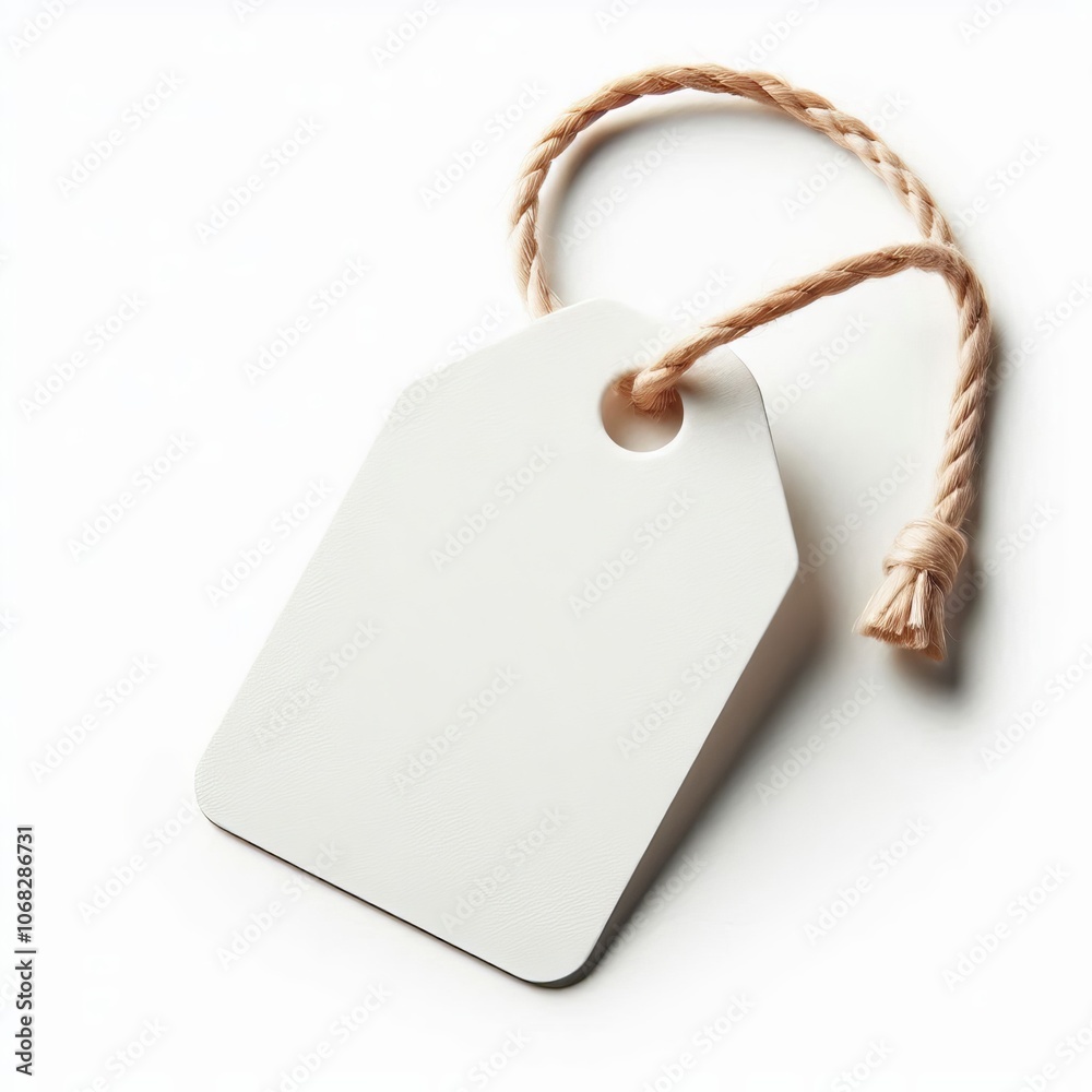 Fototapeta premium Blank white price tag with string on white background, empty cardboard label for shopping or sale