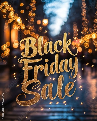 Golden sale sign for Black Friday holiday concept. Glitzy text announces 