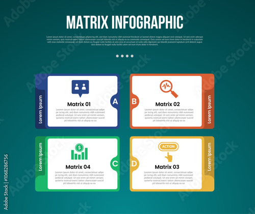 matrix structure dimensions template infographic with round box with line container with 4 point with dark style for slide presentation