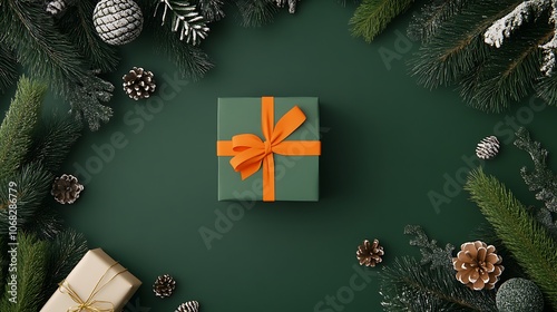 A beautifully wrapped gift surrounded by festive greenery creating a perfect holiday scene