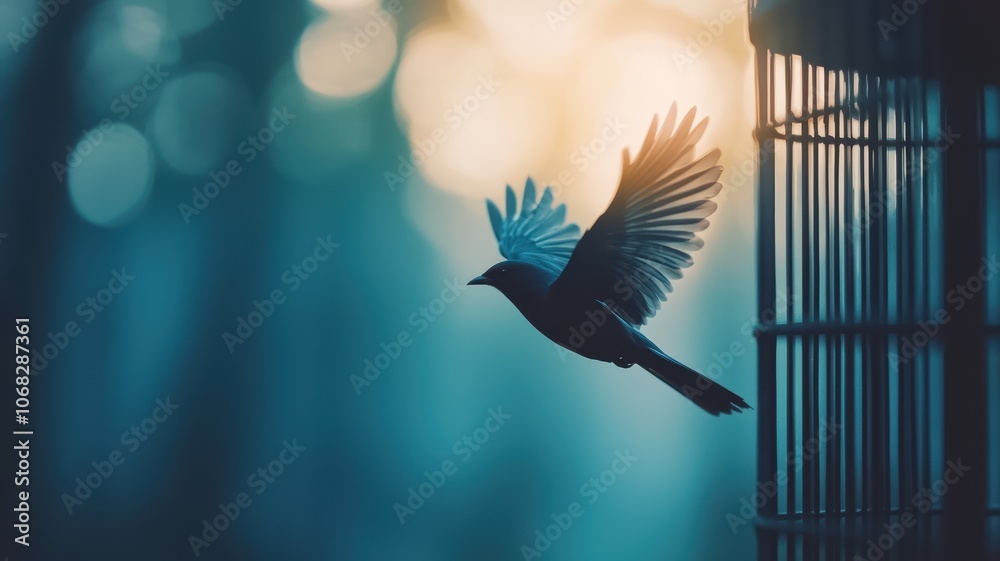Fototapeta premium A bird takes flight from a cage, symbolizing freedom and liberation against a soft, dreamy background of light and shadows.