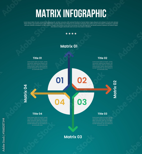 matrix structure dimensions template infographic with big circle separation divider with arrow line all direction with 4x4 dimension with dark style for slide presentation