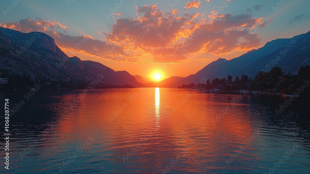Majestic Sunset over Tranquil Lake with Mountain Range Silhouette Majestic Sunset over Tranquil Lake with Mountain Range Silhouette