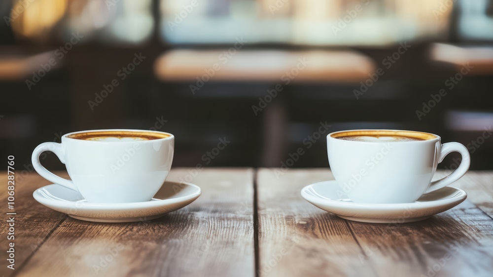 Fototapeta premium Two white coffee cups sit on a wooden table, inviting a cozy, warm atmosphere perfect for conversation and connection.