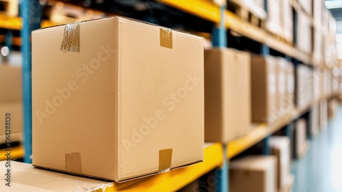 A close-up of a cardboard box on a warehouse shelf, organized storage with several boxes lined up in the background.
