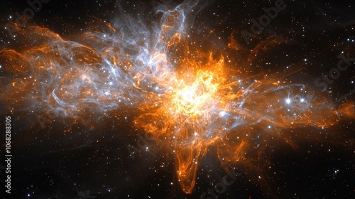 Bright cosmic explosion with radiant light, orange and white star particles extending outward in all directions, deep black background. photo