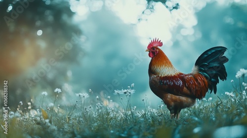 Rooster standing confidently on grassy field with blurred background
