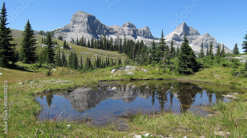 A tranquil mountain pond reflecting the majestic peaks in a serene landscape.