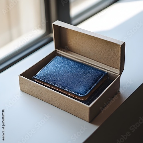 Denim Wallet Centered in Minimalist Box with Polished Metal Accents and Natural Light