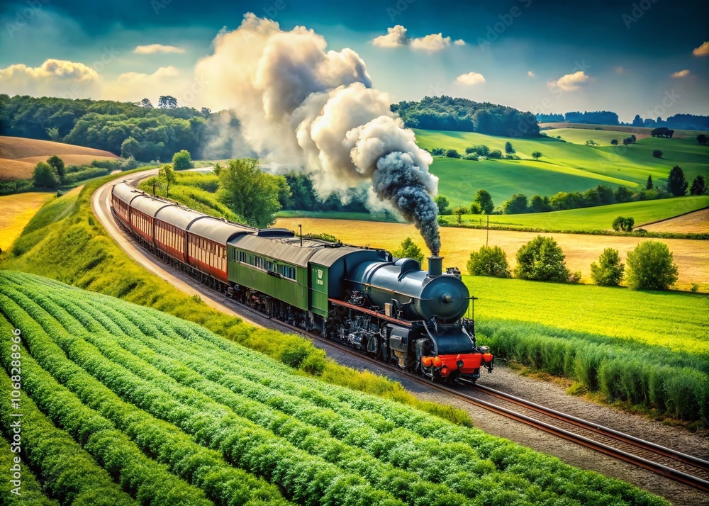 Obraz premium Captivating Macro Photography of a Vintage Steam Train Journeying Through Lush Agricultural Fields, Showcasing Nature's Beauty in Every Detail