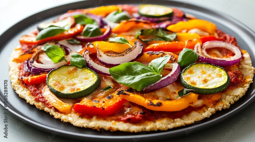 Colorful Vegan Pizza with Fresh Vegetables and Basil on a Crispy Cauliflower Crust - Healthy and Delicious Plant-Based Meal Colorful Vegan Pizza with Fresh Vegetables and Basil on a Crispy Cauliflower Crust - Healthy and Delicious Plant-Based Meal