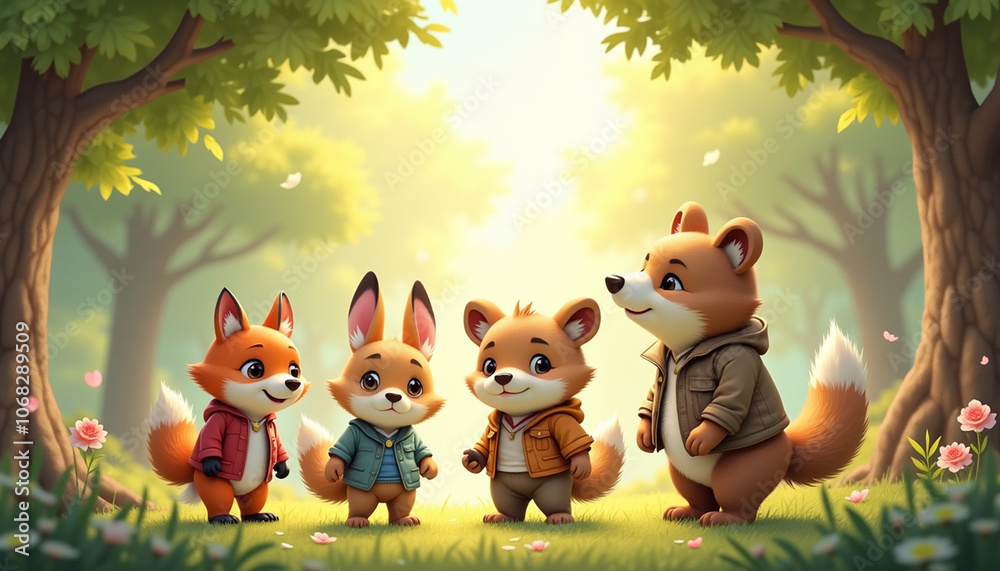 Animal character background, charming animals like foxes, rabbits, and bears standing upright, dressed in human clothing, and interacting in a cozy forest setting, whimsical and storybook-like Animal character background, charming animals like foxes, rabbits, and bears standing upright, dressed in human clothing, and interacting in a cozy forest setting, whimsical and storybook-like