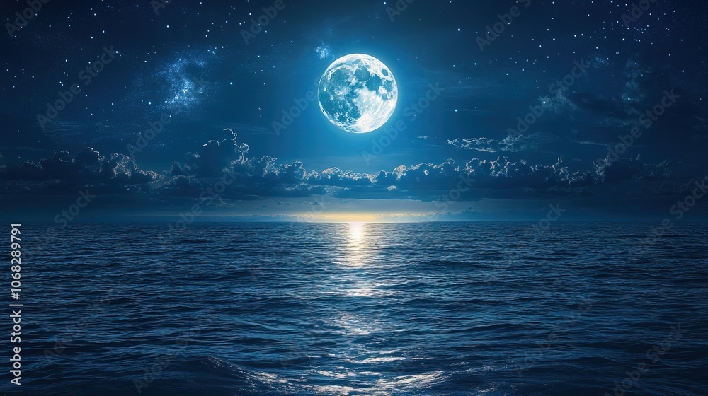Fototapeta premium A serene night scene featuring a glowing moon over a tranquil sea