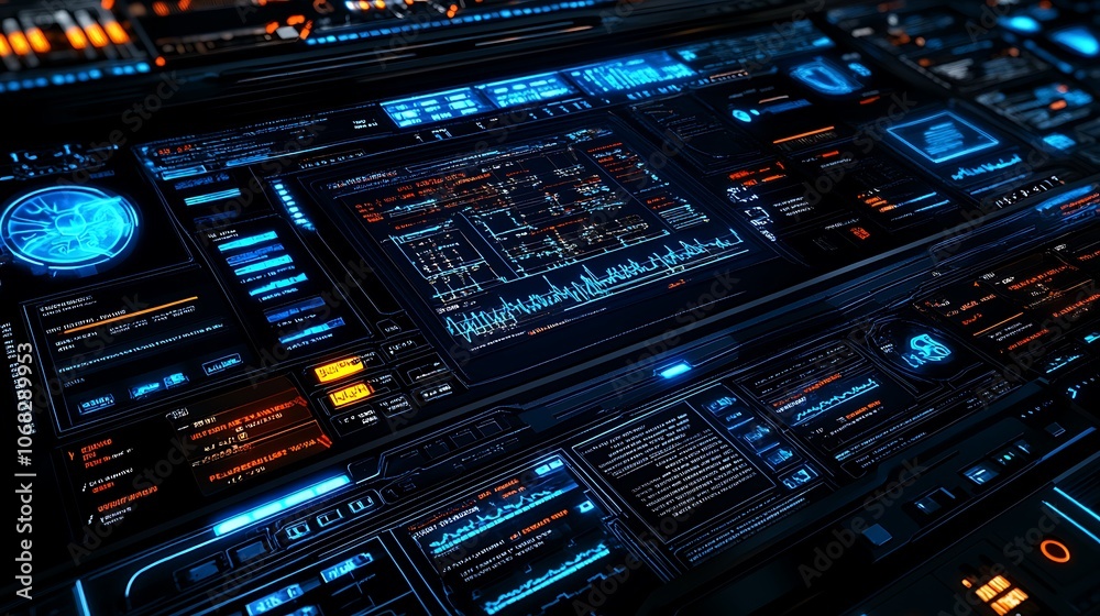 A futuristic interface displaying data analytics and system controls in a high-tech environment. A futuristic interface displaying data analytics and system controls in a high-tech environment.