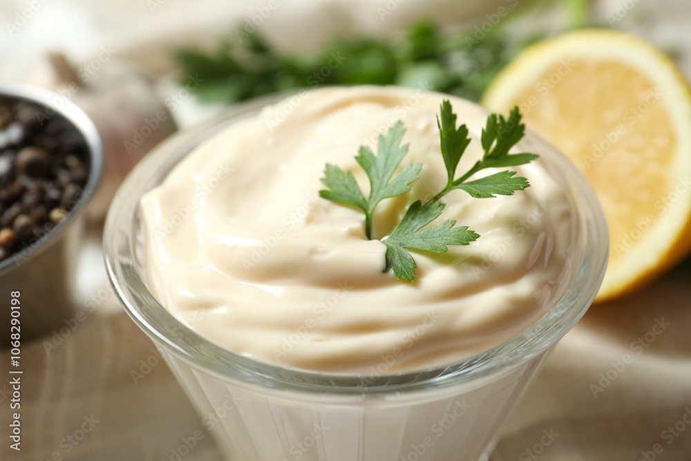 Bowl with mayonnaise and ingredients for cooking on wooden background Bowl with mayonnaise and ingredients for cooking on wooden background