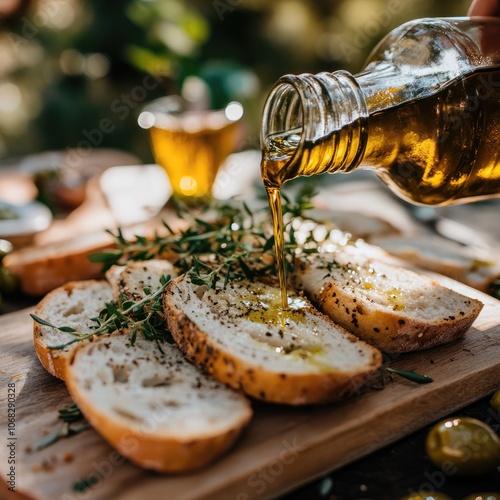 Mediterranean White Bread Slices with Golden Olive Oil in Rustic Garden Setting photo