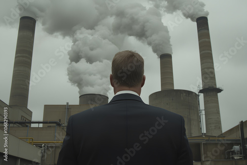 Man in a Suit Standing with Smoke Billowing from Factory Chimney – Industrial Pollution, Corporate Environment, and Environmental Impact photo