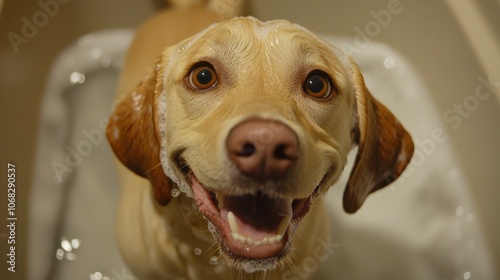 Joyful dog enjoys a refreshing bath with a happy face capturing pure delight and happiness photo