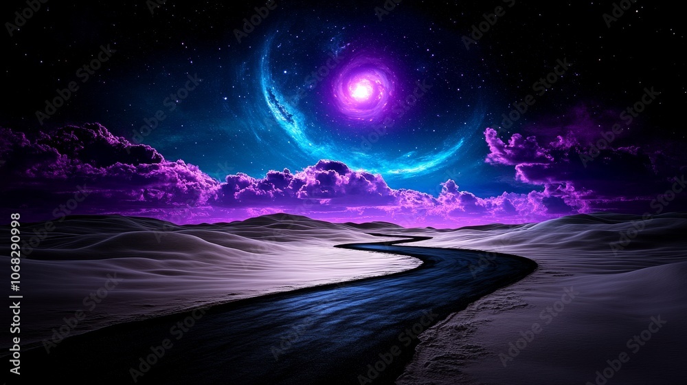 Night Sky with Purple Clouds Stars and Winding Road Night Sky with Purple Clouds Stars and Winding Road