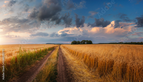 A splendid picture of a road passing through farmland in the evening sunlight.