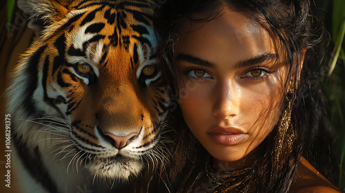 Portrait of a beautiful young woman with tiger in the forest.