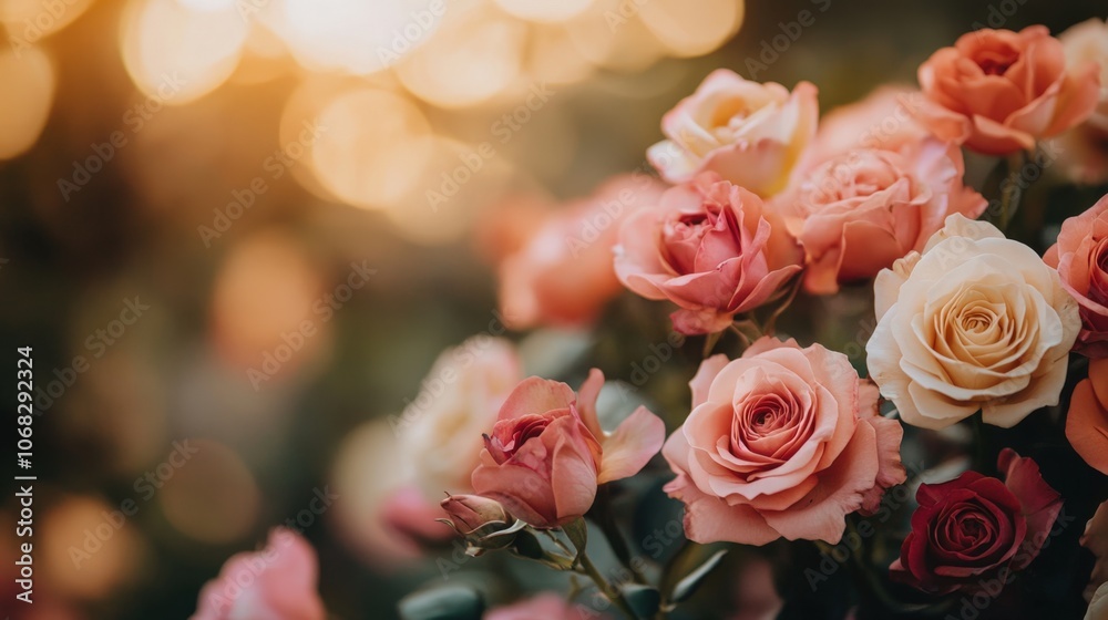 Close-up of flowers with a soft focus background, warm romantic tones Close-up of flowers with a soft focus background, warm romantic tones
