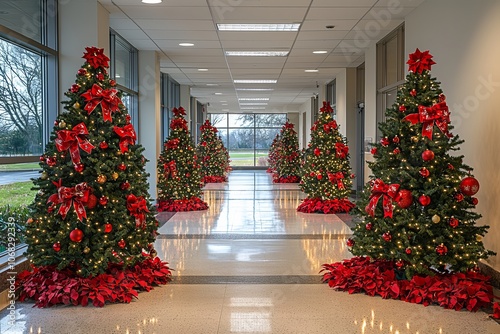 Employees are invited to enter a Christmas tree decorating contest. The trees are adorned photo